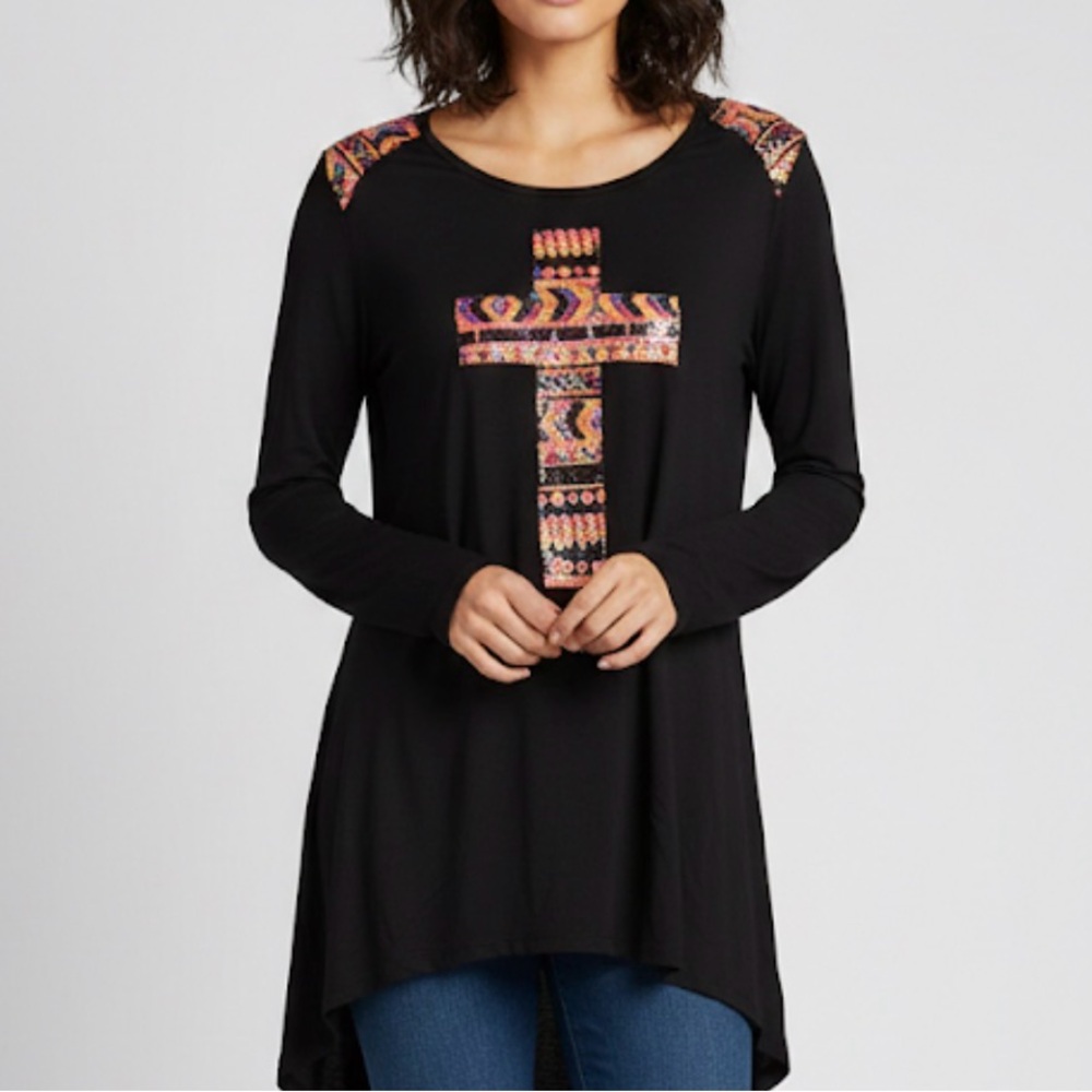 Vocal Black Top with Colorful Cross Design western Navajo rodeo Nashville boho